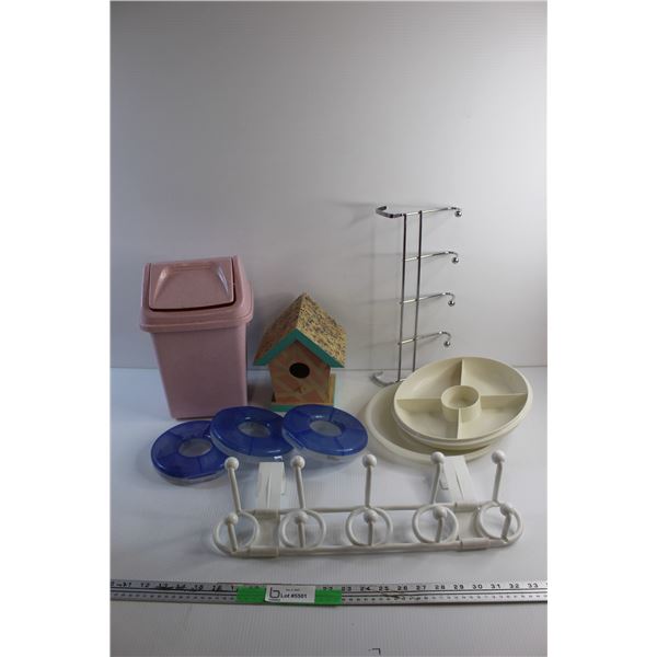 Small Trash Bin, Hardware Organizers, Bird House, Wall Mount Coat Hangers and Tupperware Divided Lid