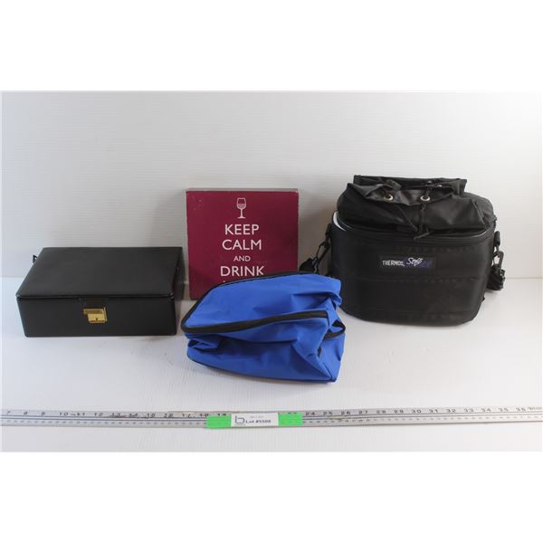 (2) Cooler Bags, Keep Calm & Drink Wine Wall Decor 8'' x 8'' and Jewelry Box 7'' x 10'' x 3''