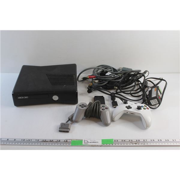 Microsoft XBox 360 Gaming Console, Xbox & Sony Controllers and Cords - As Is