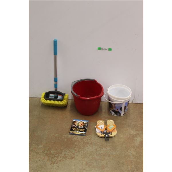 Outdoor Scrub Brush, (3) Plastic Buckets, Kids' Slippers - Size 11 and Blue Ray Midsomer Murders Mov