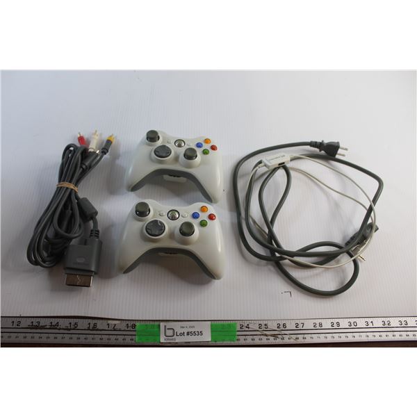 (2) Microsoft Xbox 360 Wireless Controllers and Assorted TV & Power Cables - As Is