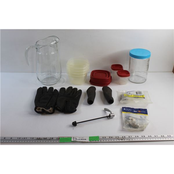 (6) Rubbermaid Plastic Containers with Lids, Faux Leather Work Gloves, Bicycle Grips, Water Pitcher,
