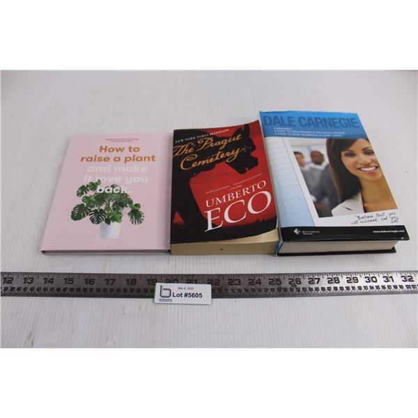 (3) Books (Dale Carnegie, The Prague Cemetery, How to Raise a Plant)