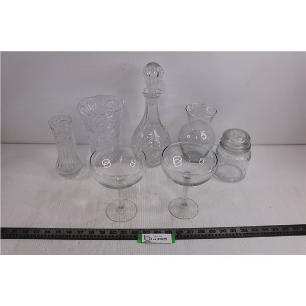 Glass Lot (Vases, Decanter, Wine Glasses, Candy Jar)