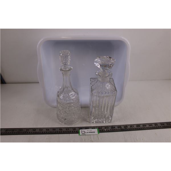(2) Glass Decanters, Plastic Tub 15" x 12" x 5.5"
