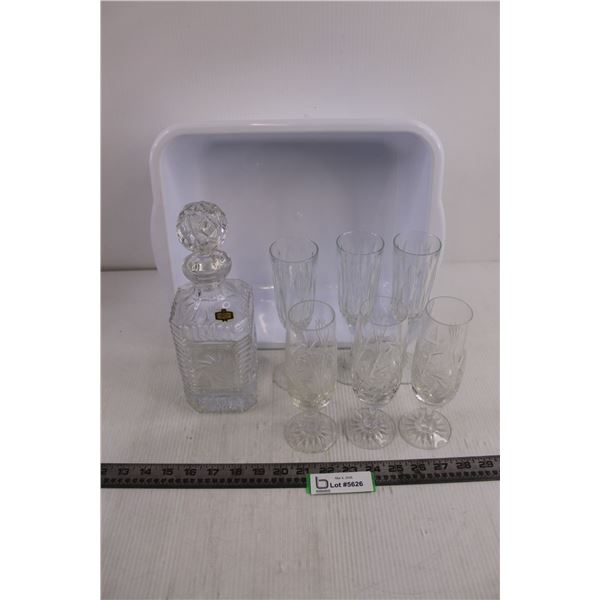 Crystal Decanter, (6) Champagne Flutes, Plastic Tub 15" x 12" x 5.5"