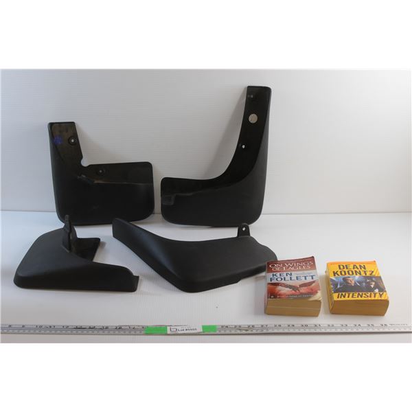 Plastic Nissan Mud Flaps Set 10'' x 10 1/2'' & 14'' x 10''. (2) Books - Ken Follett and Dean Koontz