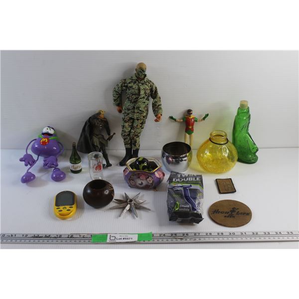 Assorted Action Figures, Double Blade Razors, Marbles, Coaster, Ceramic Decorative Jewelry Dish and 