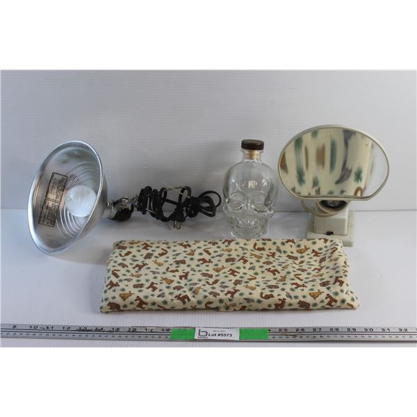 Desk Lamp & Light Up Make Up Mirror - Tested, Heating Pillow and Glass Skull Liquor Bottle