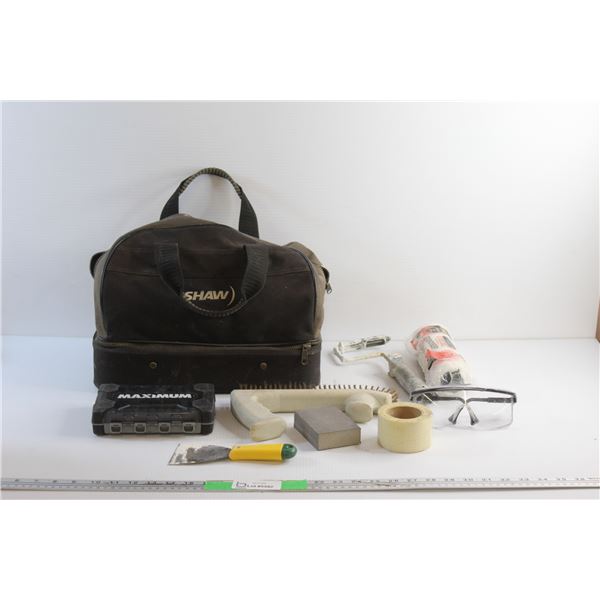 Shaw Tool Bag, Metal Brush, Safety Glasses, Paint Roller Handles, Tape, Drywall Tools and Misc