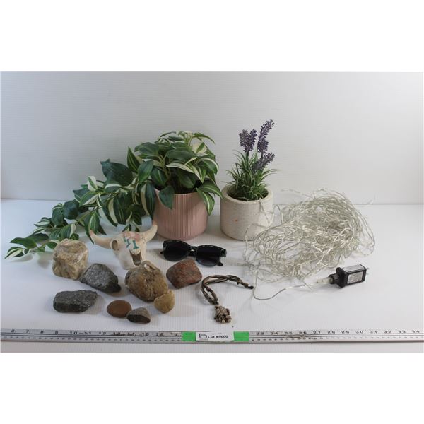 (2) Artificial Plants, Christmas Tree Lights - Tested, Sunglasses, Eagle Bracelet and Misc