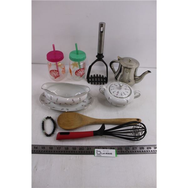 Kitchen Utensil Lot, Rosebud China Gravy Pour, Sugar Bowl, Bracelet