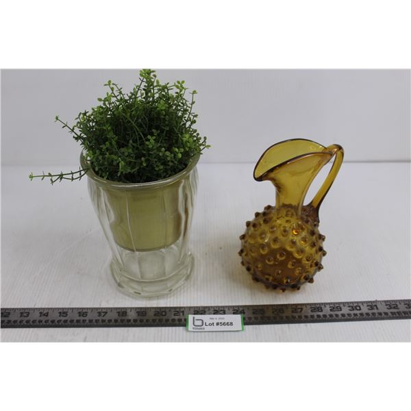 Hobnail Florentine Amber Glass Pitcher, Vases, Faux Plant