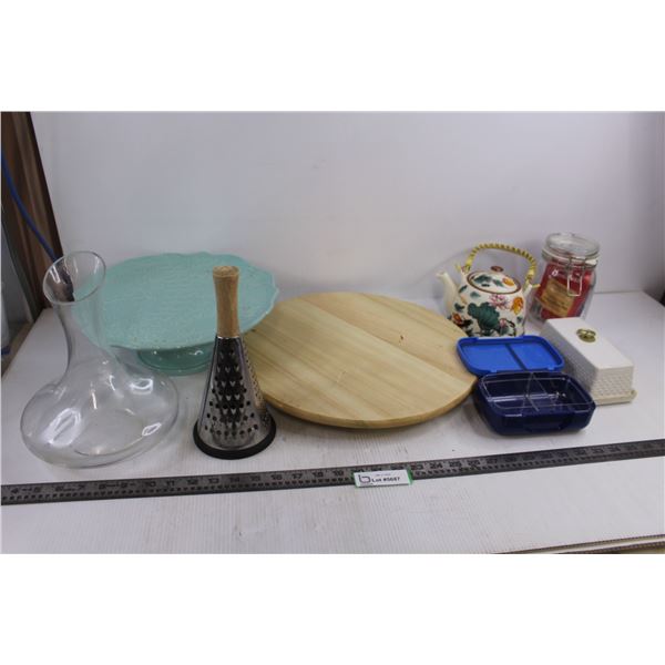 Vintage Food Containers (Ceramic Platter 13" Dia, Butter Dish), IKEA Wooden Turntable 15.5" Dia, Win