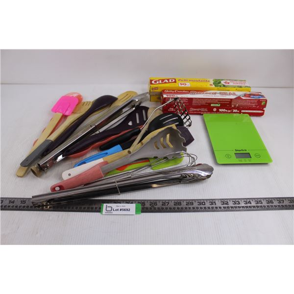 Kitchen Utensils Lot (Spatulas, Tongs, Wooden Spoons, Stretch Wraps), Starfrit Food Scale - No Power