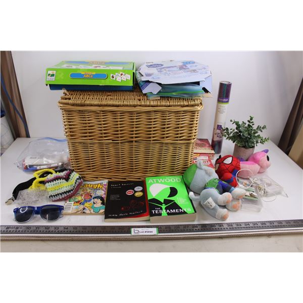 Wicker Basket 17" x 13" x 11.5" with Contents (Stuffed Toys, ABCs Game, Frozen Puzzle, Craft Supplie