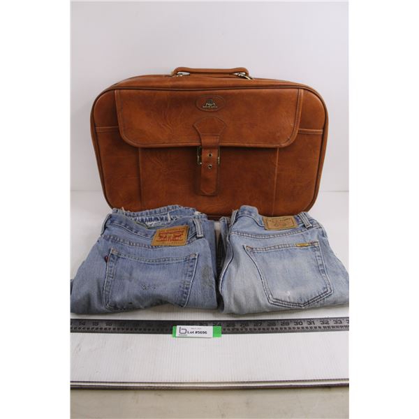 (2) Levi Strauss Pairs of Blue Jeans (Sizes 36/32 & 32/32) As is, Vintage McBrine Suitcase 22" x 15"