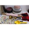 Image 2 : Kitchen Lot (Cooking Pot 10" Dia x 10" Tall, Dinner Plates, Serving Bowls, Rolling Pin Measuring Spo