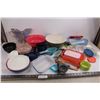 Image 1 : Kitchen Lot (Mixing Bowls, Copper Basket, Measure Utensils, Tupperware Lids, Misc.)