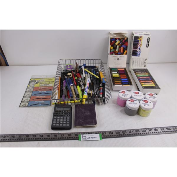 Artist's Lot (Pastels & Paints), Scientific Calculator, Pencil Thin Mustaches, Assorted Writing Uten