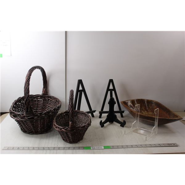 (4) Photo Holders- As Is, (2) Wicker Baskets Up to 13" Tall & 16.5" Wide, Wood Tray