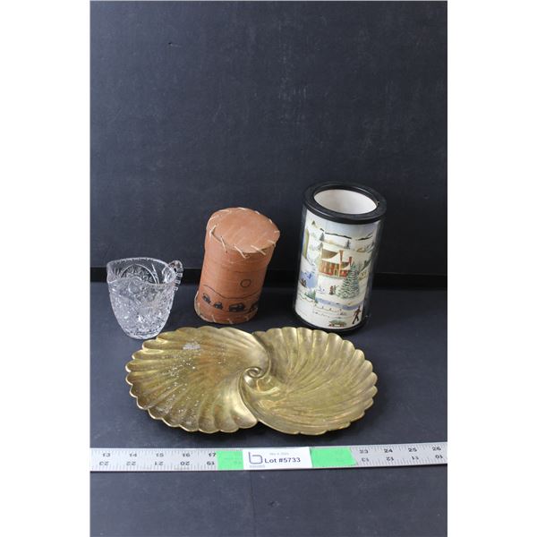 Glass Christmas Candle Holder 6.5" Tall, Decorated Birch Bark Container, Glass Creamer, Brass Tray