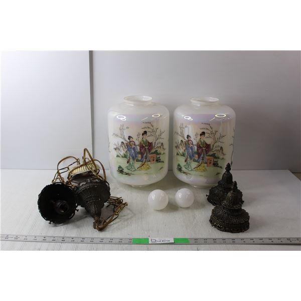 (2) Japanese Hanging Lamps 13" Tall with Bulbs- Untested