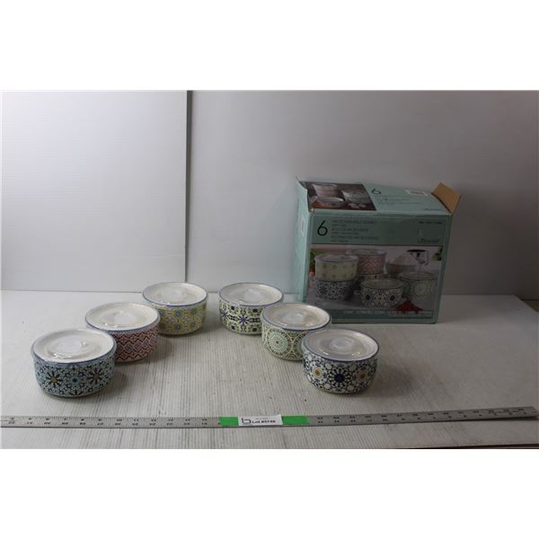 (6) Stoneware Bowls with Plastic Lids