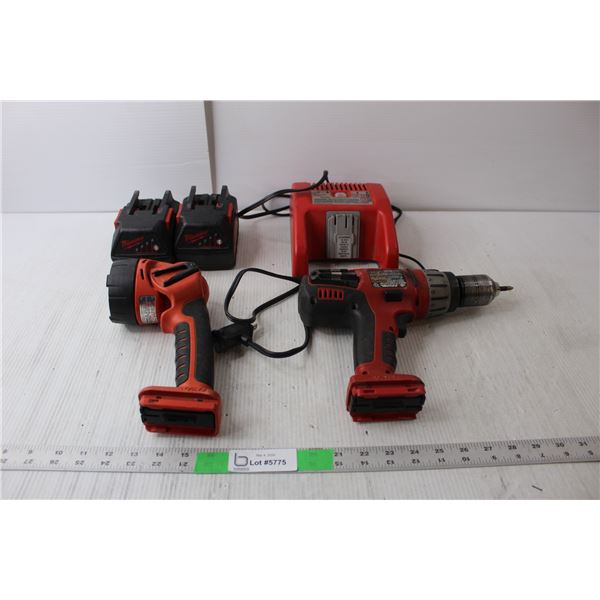Milwaukee 1/2" Hammer Drill, Work Light, (2) Batteries and Charger- Powers On