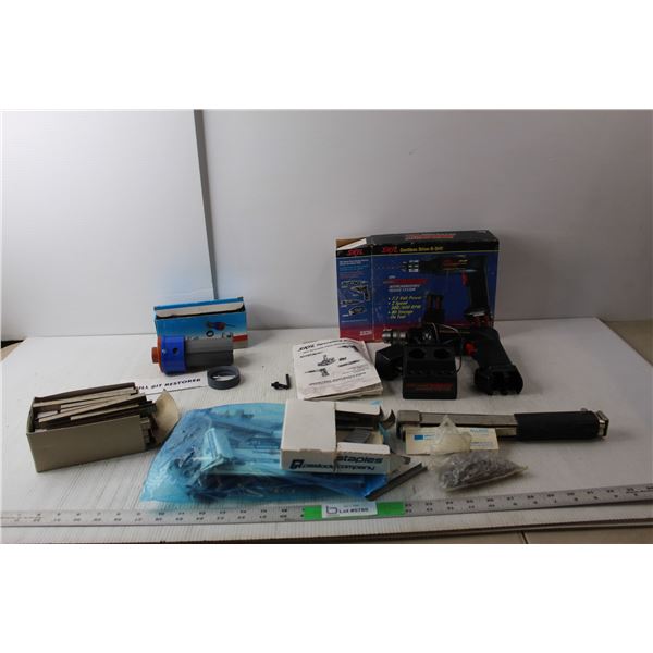 Skil Cordless Drill with Charger- No Batteries, Drill Bit Restorer, Hammer Tacker, Various Sized Sta