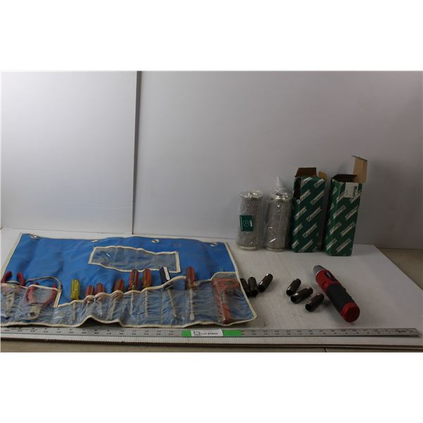 Hyper Tough Power Screwdriver, Pipe Fittings, (2) Stauff Filters, Screwdrivers, Misc. Tools