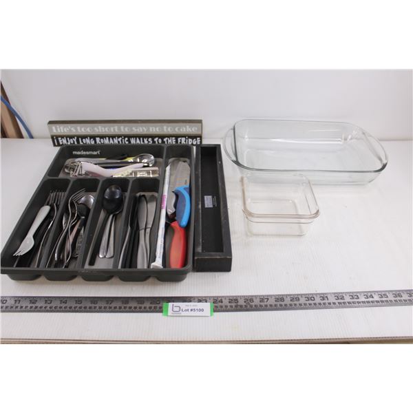 Kitchen Lot (Casserole Dishes, Cutlery Organizer Tray with Contents, Wooden Slogan Signs,