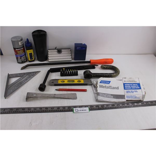 Tools & Parts Lot (Auto Spray Paint, Marking Chalk, Tire Wrench, Pry Bars, Sandpaper, Square, LED, A