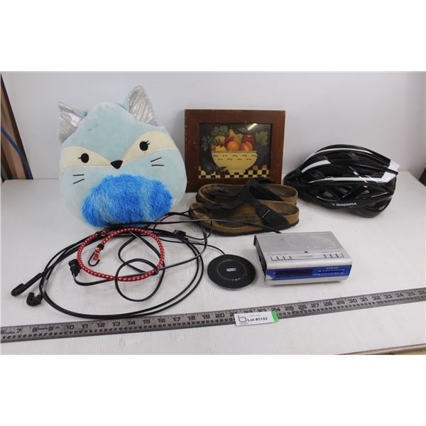 Mixed Lot (Birkenstock Sandals Size 8.5, Audiovox Alarm Clock/Radio - Tested, Vintage Wall Art 10.5"