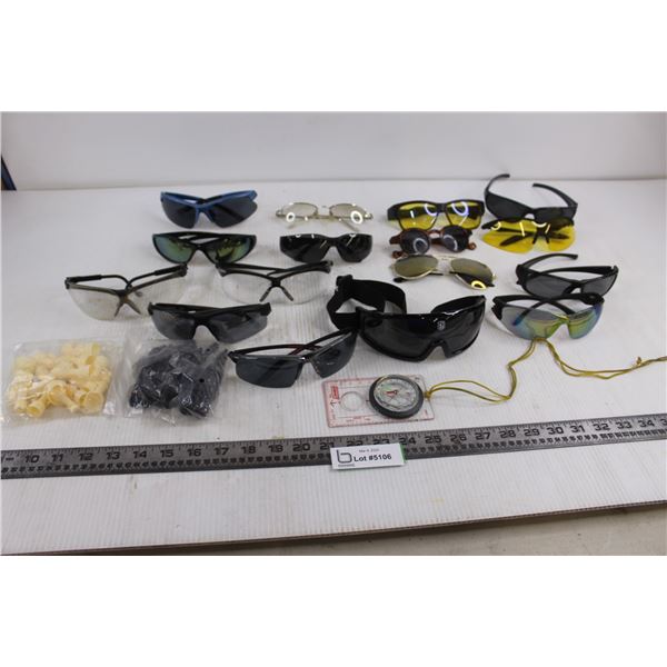 Eyewear Lot (Sunglasses, Goggles, Safety Glasses), Compass, Plastic Chess Pieces - Sealed
