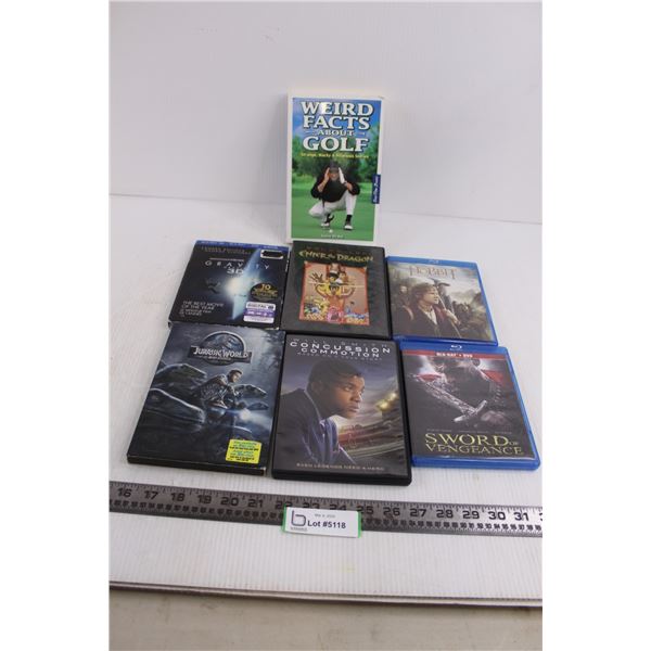(6) DVD Movies (Concussion, Jurassic World, The Hobbit), Book - Weird Facts About Golf