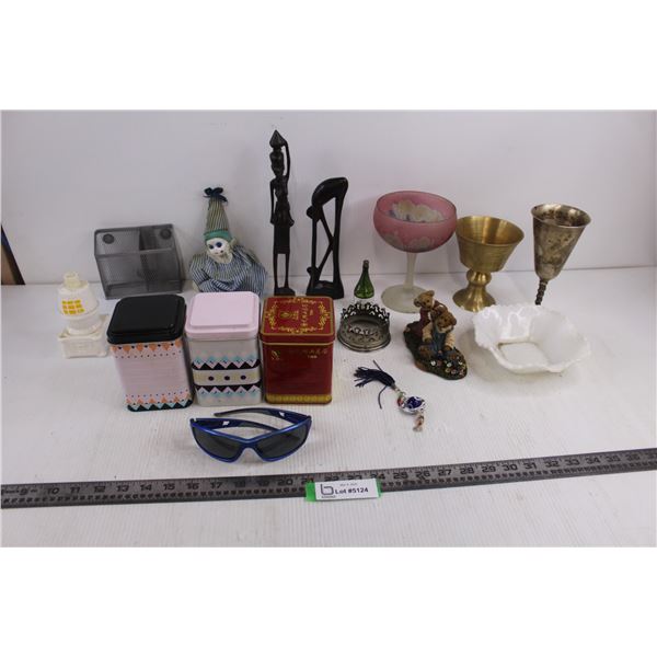 Mixed Lot (Spice/Tea Cans with Contents, Glass Vase, Metal Goblets, Table Art, Misc)