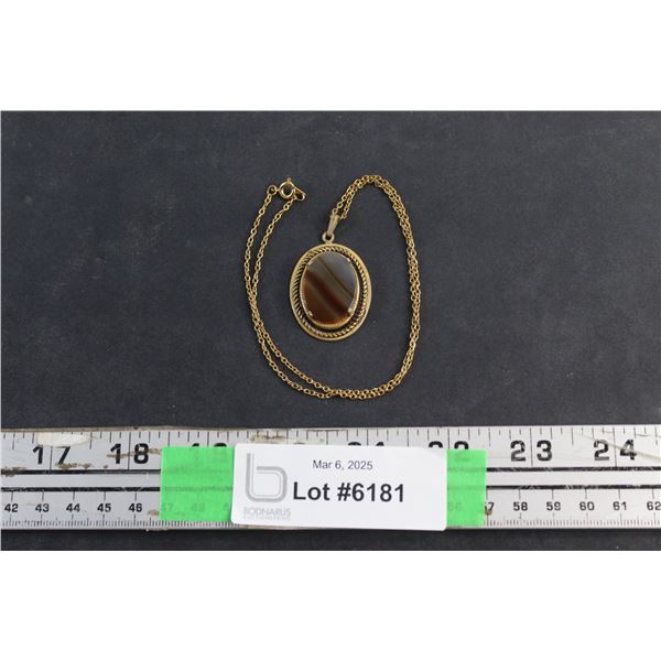 Brass Necklace and Agate Polished Stone Pendant - Authenticity Not Guaranteed