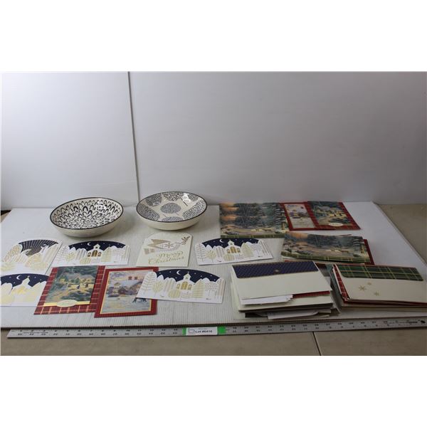 Christmas Cards, Envelopes & (2) Ceramic Bowls