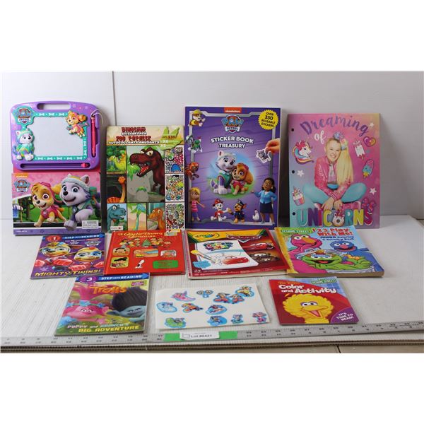 (10) Kids Books- Paw Patrol with Etch a Sketch, Dinosaur Stickers, Trolls, Misc.