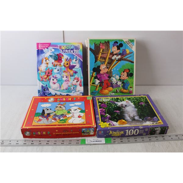 Kids Lot- Unicorns & Friends Book, (3) Puzzles- Lamb Chop, Mickey Mouse, Cat- As Is