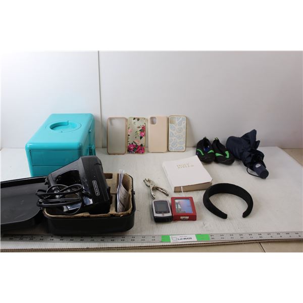 (4) Phone Cases, Jewellery Organizer, Toddler Swim Shoes-9/10, Vintage Motorola Flip Phone, Black & 