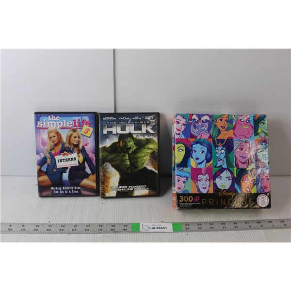 (2) DVDs/Series- The Incredible Hulk, The Simple Life Season 3, Disney Princess Puzzle- As Is
