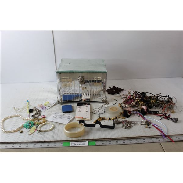 Mirrored Jewellery Box 6.5" Tall with Miscellaneous Jewellery