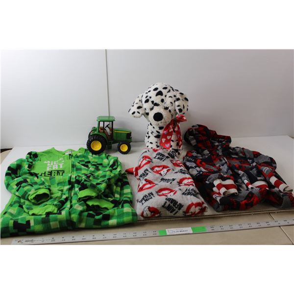 Boys Pyjamas- 7/8, Stuffed Puppy, John Deere Model Tractor
