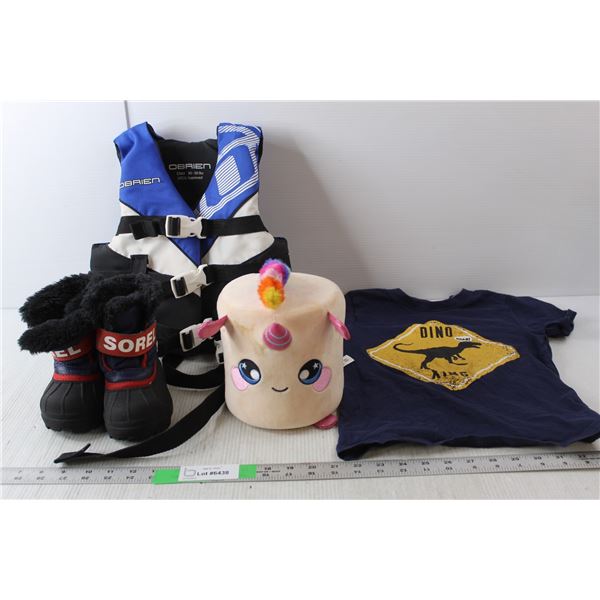 O'Brien Children's Life Jacket-30-50 Lbs., Sorel Winter Boots- Toddler Size 6, Squeezamal Stuffie, B