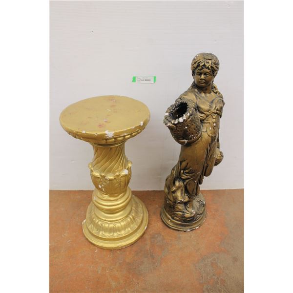 * (2) Plaster Garden Decor (Girl with Basket 27" Tall & Gold Stand 11"Dia x 20" Tall) Both have Chip