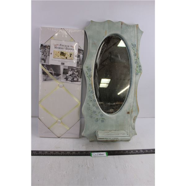 Vintage Wood Framed Mirror with Shelf 23" x 11.5" (Shelf Extend 3.5"), French Memory Board 21.25" x 