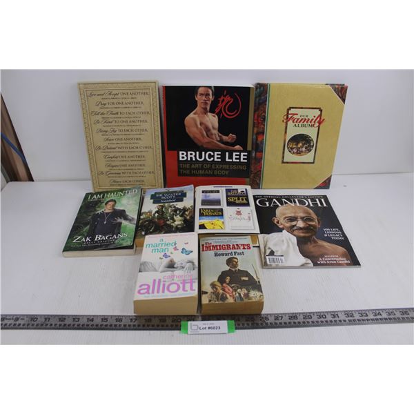 (7) Books (Bruce Lee, Gandhi, Ivanhoe, A Married Man), Family Album (Unused), Bible Themed Wall Art 