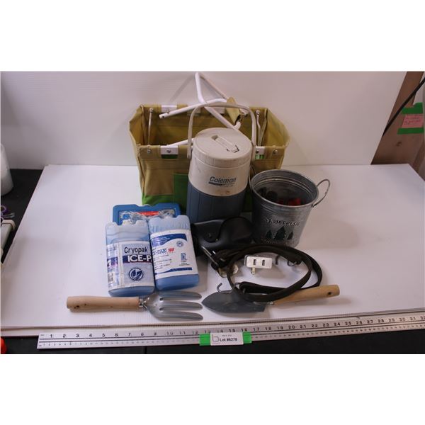 Basket, Freezer packs, USB Charger Bucket, Garden Tools and Coleman Thermos Container